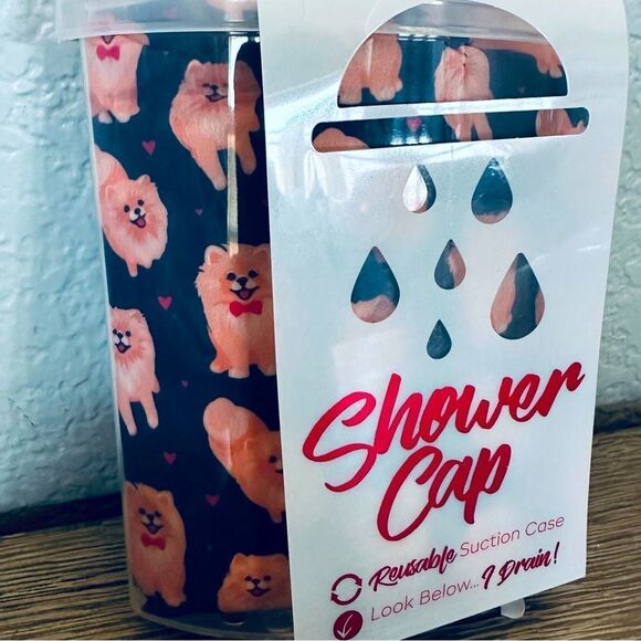 Pomeranian Dog Black Red Hearts Shower Cap & Storage Container - Picture 1 of 2